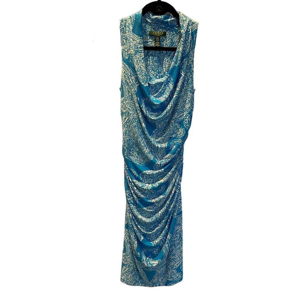 Lauren Ralph Lauren Midi Dress Stretchy Cowl Neck Size 4 Sky Blue/White Paisley